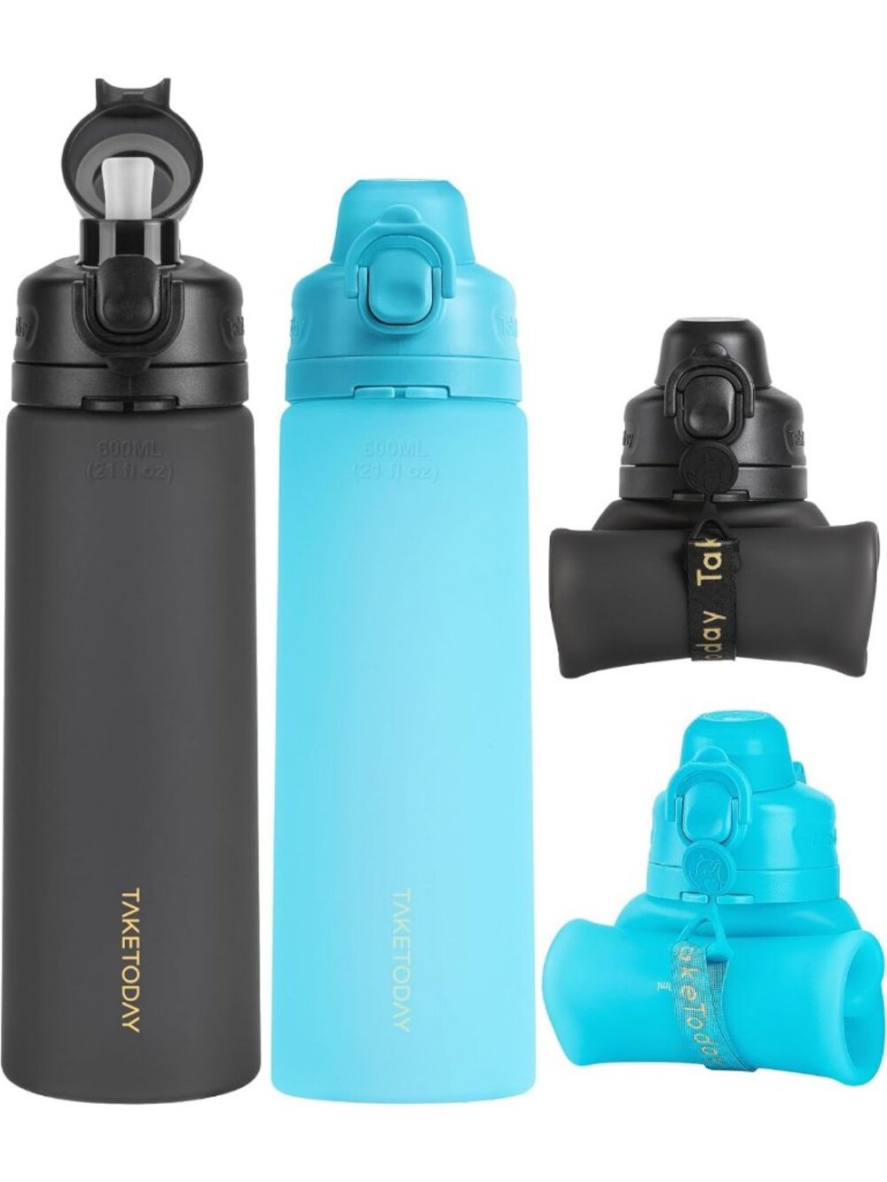 Collapsible 21oz Silicone Water Bottle with Straw & Carry Strap, BPA-Free